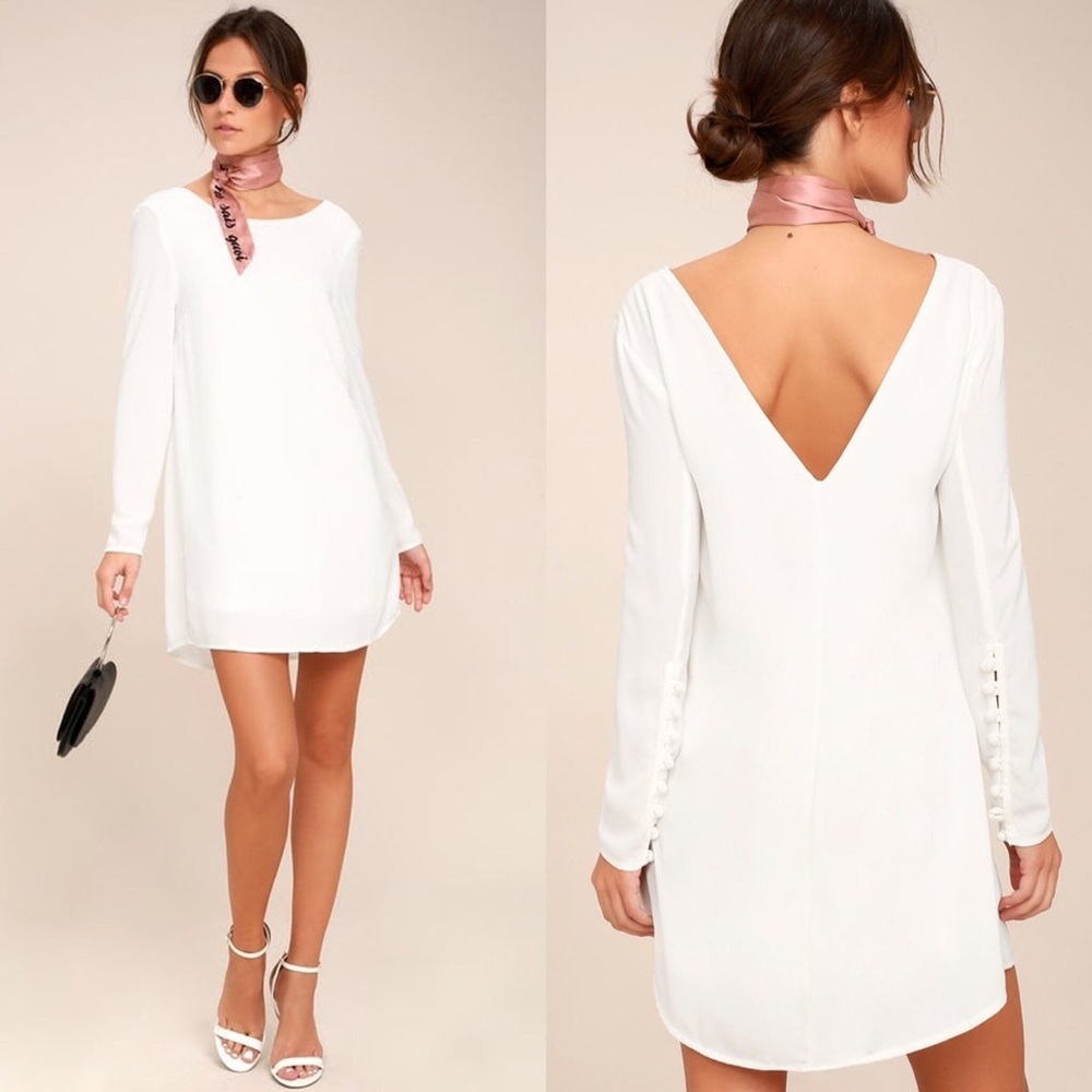 LULUS Upbeat Chic White Long Sleve V-Back Button Sleeve Shift Dress M